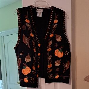 Black Vest with Pumpkin and Leaf Embroidery